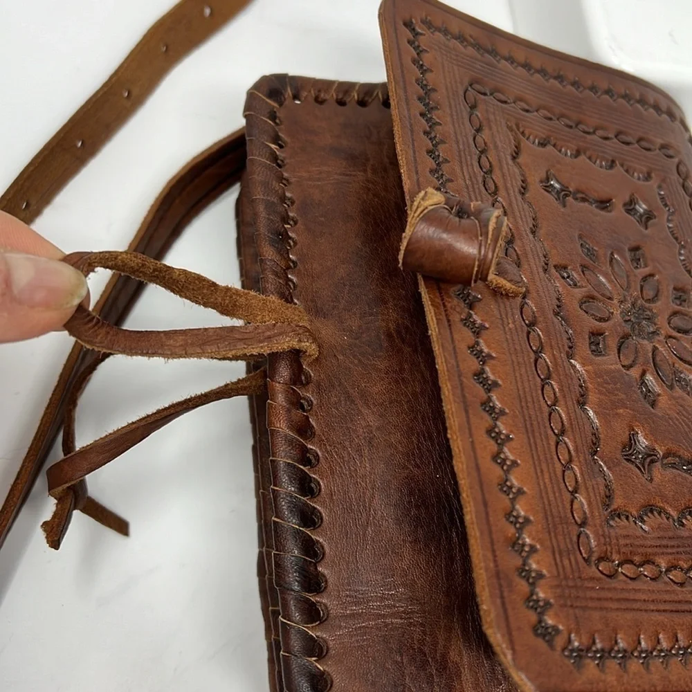 Morocco Sahara Bohemian Hand Tooled Leather Double Compartment Crossbody Bag